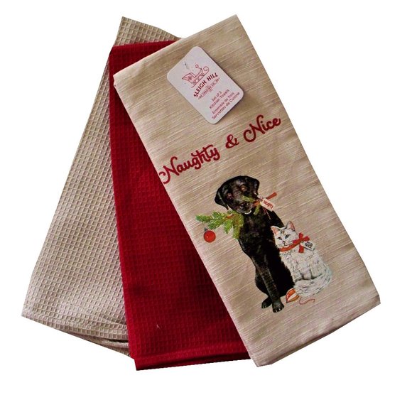 3 Pc. Kitchen Kitchen Towel Set Christmas Holidays Dog Cat Naughty & Nice - Picture 1 of 2